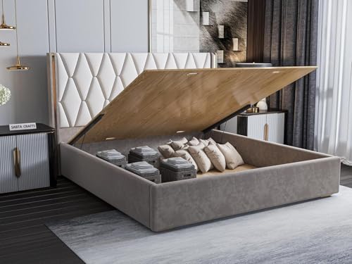 Image of Modern Upholstered Queen Size Bed with Hydraulic Storage for Bedroom | Wooden Double Beds for Home & Hotels | Platform Cot Bed with Upholstery Fabric, 6.5 x 5 Ft | Sheesham, White-Brown