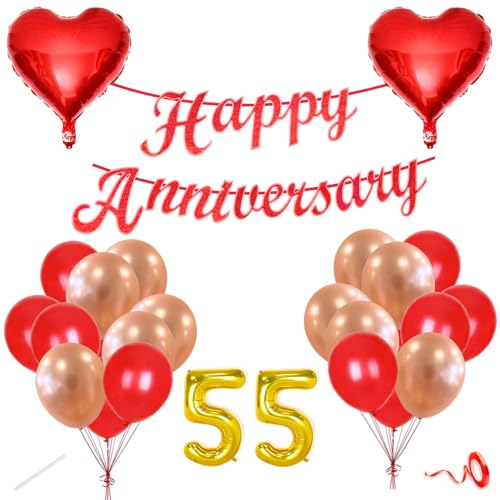Image of Flyloons 55th Happy Anniversary Decoration Items Red Rose Gold for Men Women Husband Wife Mom Dad Parent Couple Home Bedroom Car With 20 Pcs Metallic Balloons Anniversary Banner 2 Pcs Heart Set Kit