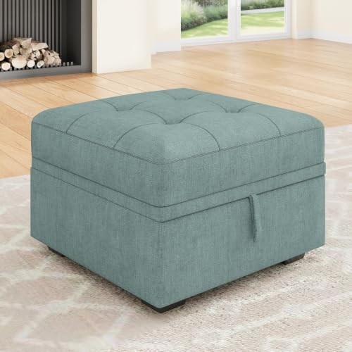 Image of HONBAY Small Storage Ottoman Upholstered Square Bench Ottoman for Living Room,Blue