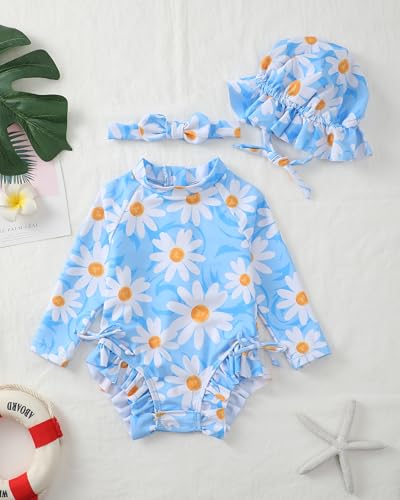 Image of Renotemy Baby Girls Swimsuit Drawstring Zip Bathing Suit Long Sleeve One-Piece Rash Guard Swimwear with Hat for Infant Girl