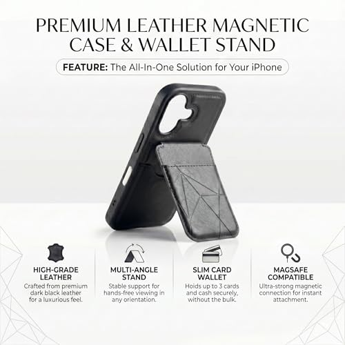 Image of amazon basics Premium Vegan Leather Back Cover with Card Holder and Integrated Mobile Stand for iPhone 16 - Slim Shockproof Wallet Case with Geometric Stitching [Black]