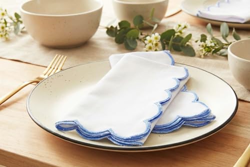 Image of PurpleEssences Scalloped Cloth Napkins 18x18 in - White Edges Light Blue