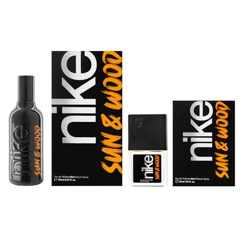 NIKE - Sun & Wood, Colonia Hombre, Promoción 100 ml + 30 ml, Pack 2 Productos, Perfume Formato Spray, Eau de Toilette Natural y Masculina, Aroma Amaderado Frutal Ambarado, Fragancia Fresca y Duradera
