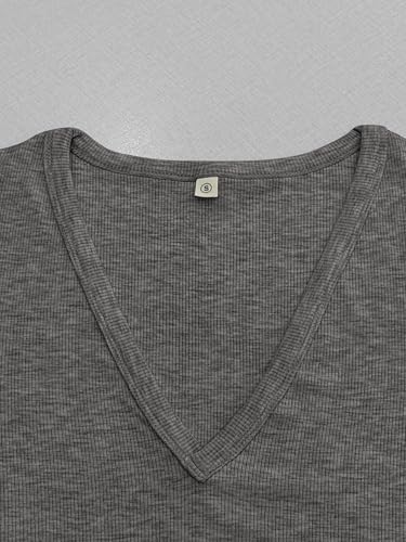 Image of Albe Rita Women Short Sleeve T-Shirt Cap V Neck Shirts for Women Ribbed Casual Top Knit Slim Fit for Summer