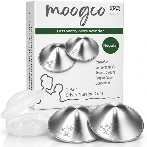 Image of MOOGCO Silver Nursing Cups - 925k Sterling Silver Nipple Shields for Breastfeeding - Chemical-Free Nipple Protection (Regular, Set of 2)