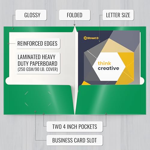 Better Office Products 2 Pocket Glossy Laminated Green Paper Folders, Letter Size, 25 Pack, Green Paper Portfolios, Box of 25 - Image 2