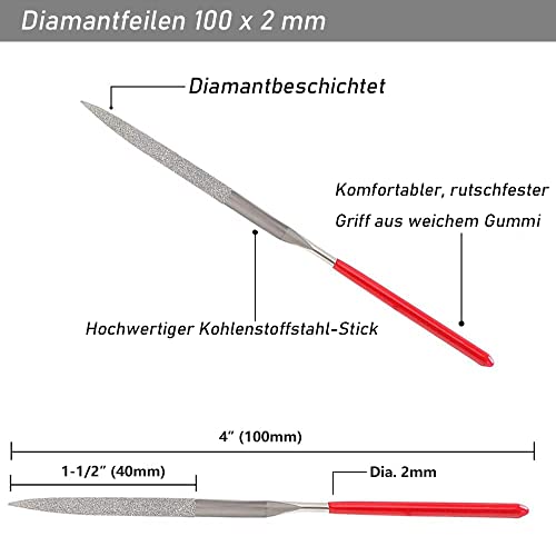 Mesee 10 Stück Mini Diamantfeile, 2 x 100mm Micro Diamond Feilen Set, Metall Diamantnadelfeilen-Set, Titan-Coated Diamant Nadelfeile Set für Metall Glas Keramik Schmuck Carving Modellbau Metall DIY