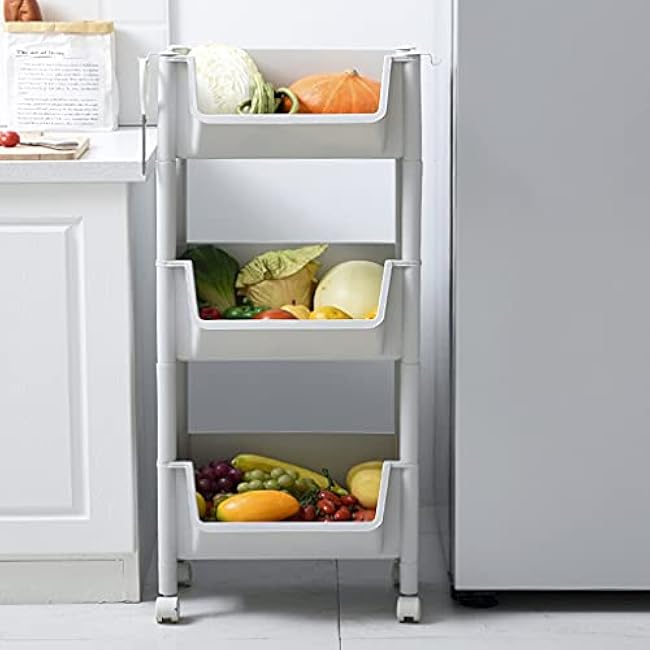 Movable Hand Trucks Multifunction Kitchen Vegetable Rack Fruit Rack Plastic Floor Rack Movable Sundries Rack, for Living Room Bedroom Bathroom Space Saving-9hhRZq6B
