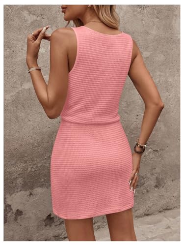Image of RoseSeek Women's Waffle Knit Belted Tank A Line High Waisted Dresses Square Neck Sleeveless Summer Short Dress