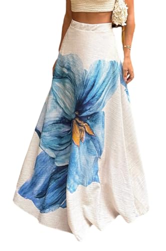 Wuitrie Long Skirts for Women Spring Summer Seaside Vacation Fashion Floral Print Low Waist A-Line Skirt