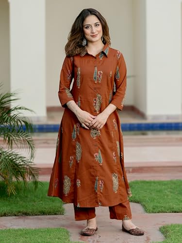Image of Arayna Women's Pure Cotton Printed A-Line Kurta Set with Pants | Button-Down Collar Kurta
