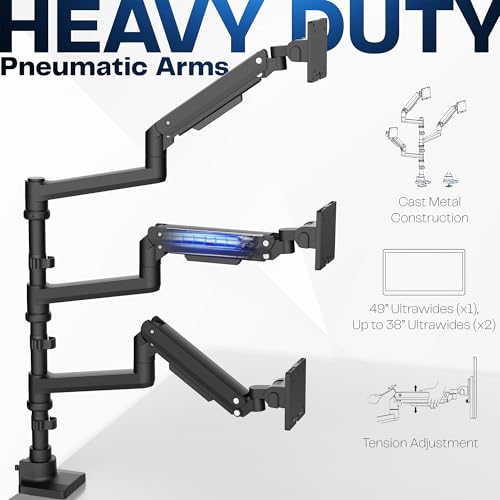 Image of VIVO Pneumatic Arm Triple Ultrawide Monitor Extra Tall Desk Mount for Up to 49 inch Screens, Heavy Duty Clamp, Holds 3 Ultra Wides Up to 44 lbs, Black, STAND-V300D