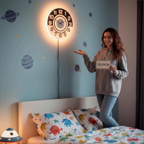 Image of 12 Inch Acrylic Modern Neon Wall Clock with LED Backlight | Night Lamp Neon Clock with Clear Visible Numbers for Home,Bedroom,Office Decor | Light Off Show Black Numbers New (White)