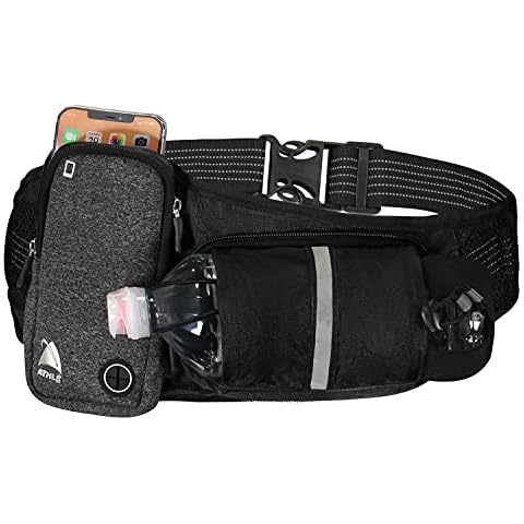 Athlé Running Belt - Horizontal Water Bottle Pouch, Large Fanny Pack Pocket Fits All Phones and Wallet, Adjustable One Size Fits All Waist Band, Key Clip, 360° Reflective (Black) Cover