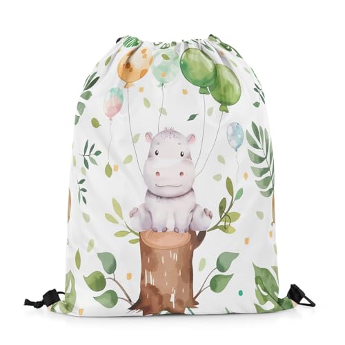 Erosebridal Cute Hippo Drawstring Backpack 13x15.7, Kawaii Animals Balloons Drawstring Bags For Sport, Cartoon Leaves Foldable Draw String Back Bag, Green White Wildlife Printed String Backpack2
