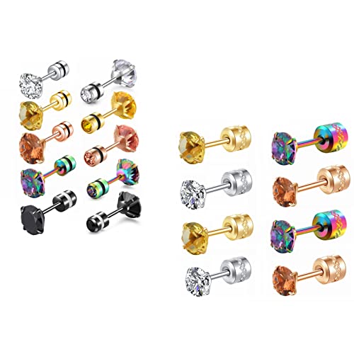 Hopply 9 Pairs Titanium Screw Back Rainbow Cubic Zirconia Studs Earrings For Women Men,Hypoallergenic Surgical Stainless Steel 5A Cubic Zirconia 20G Helix Piercing Post For Sensitive Ears 6Mm #TOP18