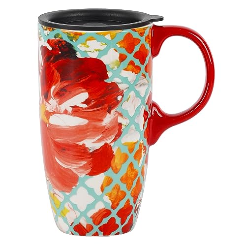 DUSVALLY Red Floral Coffee Mug 17oz - Morning Ritual Essential with Leak Proof Lid, Perfect for Commute Office Desk & Garden Tea Time