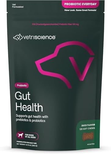 VetriScience Gut Health Chews, Probiotic Everyday Digestive Supplement for Dogs, Pet Probiotics for Digestion Support, Gas and Diarrhea, Immune Support, 1 Billion CFU Per Chew, Duck, 120 Count