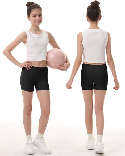 Roadbox Girls Volleyball Spandex Shorts, Youth Biker Shorts with Pockets Athletic Compression Short for Yoga Gymnastics Dance3
