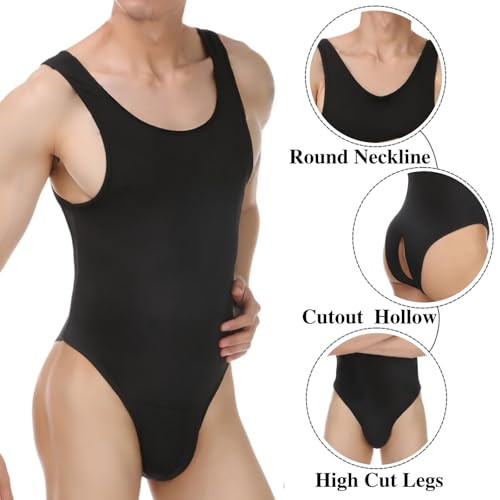 MANJIAMEI Herren Leotard Body Ärmellos Einteilig String Lingerie Jumpsuit Slip Dehnbare Tank Top Unterwäsche Hoher Schnitt Unterhemd Nachtwäsche Party Club Kostüm Schwarz