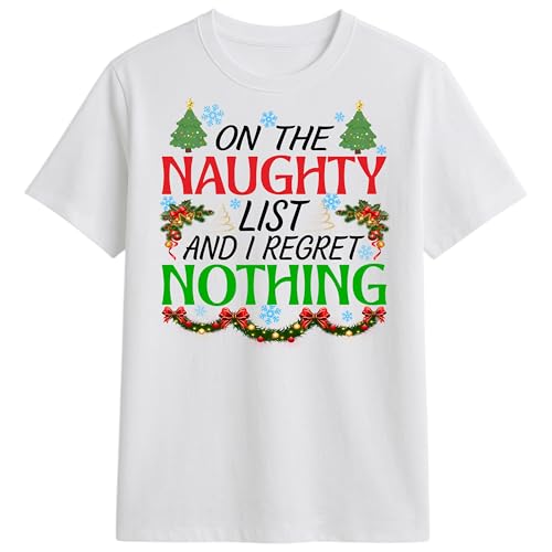 Image of PB TECH Funny Christmas Family T-Shirt - On Naughty List and I Regret Nothing Santa Christmas T-Shirt, Funny Santa Shirt for Women and Men Unisex (UK, Alpha, 3XL, Regular, Regular, White)