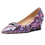 Eldof Low Wedge Heels for Women Pointed Toe Slip On Wedge Pumps with Bow 2 Inches Dress Shoes for Party Wedding Evening Patent Floral Purple US 6.5