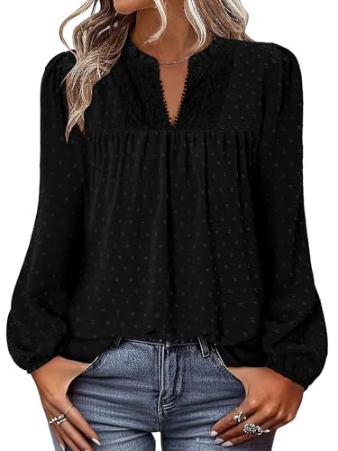 BETTE BOUTIK Women Boho Long Sleeve Shirts Dressy Casual V Neck Fall Fashion Tops Swiss Dot Flowy Blouses