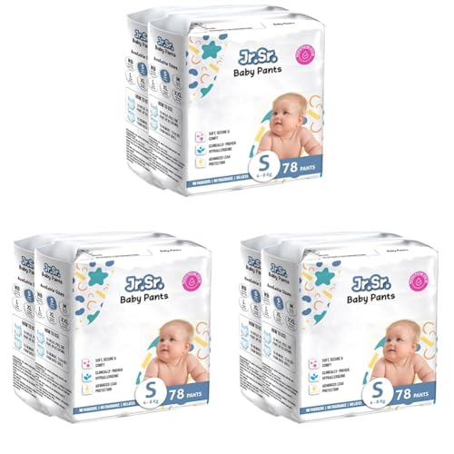 Image of Jr. Sr. Baby Diaper Pants | Small (S) Size (4-8 kg), 156 Count | Pack of 6 | Upto 12 hr Absorption with Advanced Leak Protection | Safe For Babies Skin | Soft, Secure & Comfy