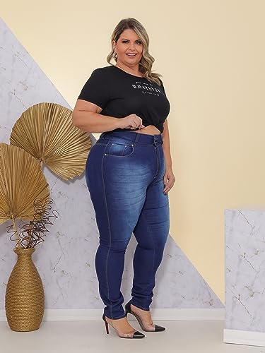 Calça Feminina Jeans Skinny Simples com Risco Plus Size Tamanho:56;Cor:Azul