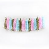 15 PCS Tissue Paper Tassels, Tassel Garland Banner for Wedding, Baby Shower, Festival Items & Party Decoration, DIY Kits(Matte Gold+Pink+Blue)