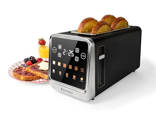 Image of Inspirex Touch Screen Toaster - 4 Slice, 2 Extra Long Slots - 5 Bread Types and 6 Browning Levels - Defrost, Reheat, Favorite, & Single Slot Modes - For Toast, Bagels, & Waffles - Black