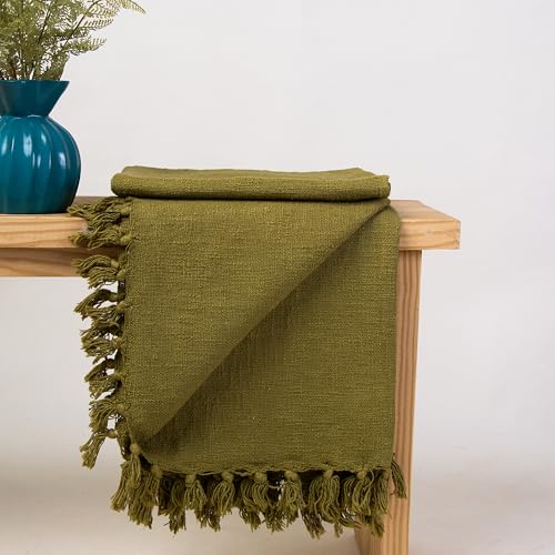 Image of Pure Cotton Hand Woven Sofa Throw | Handmade 50x60 Inch Solid Throw Blanket | Soft Throw for Living Room, Bed, Couch and Chair Throw | Reversible and Breathable (Olive-Green)-200 TC