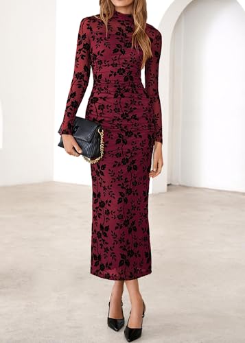 Lazysmile Women's Long Sleeve Floral Bodycon Maxi Dress 2026 Elegant Ruched Mesh Formal Cocktail Party Wedding Guest Dresses Wine Red — view 6