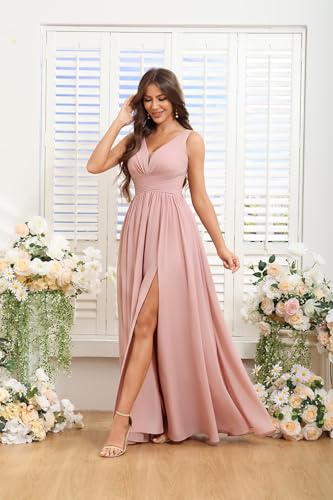 Chiffon Bridesmaid Dresses for Women Ruched V Neck Long Evening Party Dress with Side Slit4