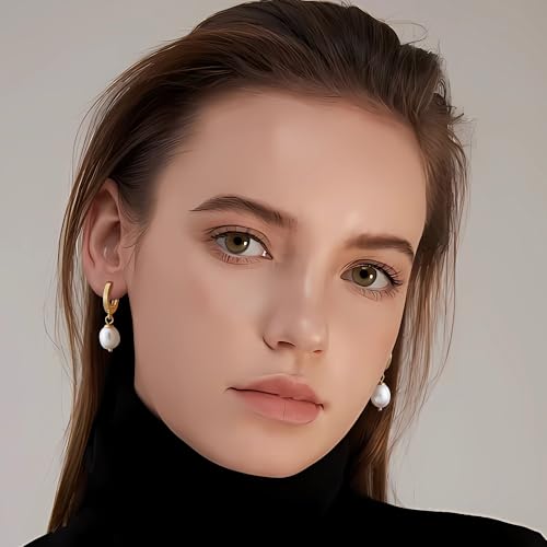 Fiusem Pearl Drop Earrings for Women, 14K Gold Plated Small Huggie Hoops with Pearl Dangle Earring for Women3