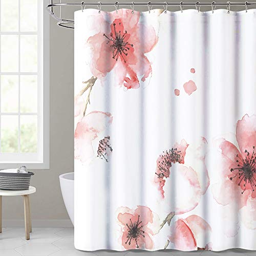 KGORGE Bathroom Shower Curtain Waterproof, Pink Floral Curtains Polyester Fabric Liner Modern Bathroom Decoration Washable for Girls, Stalls and Bathtubs, 72 x 72 with 12 Rings