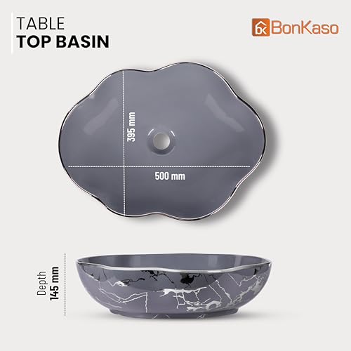 Image of BONKASO Cloud Designer Table Top Wash Basin | Premium Polished Ceramic Bathroom Sink | 50 x 40 x 14.5 cm Counter Top Basin | Modern Grey Silver Glossy Finish
