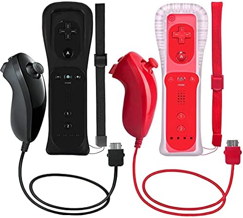 ZeroStory 2 Packs Wireless Controller and Nunchuck for Wii and Wii U Console, Gamepad with Silicone Case and Wrist Strap (Black and Red)
