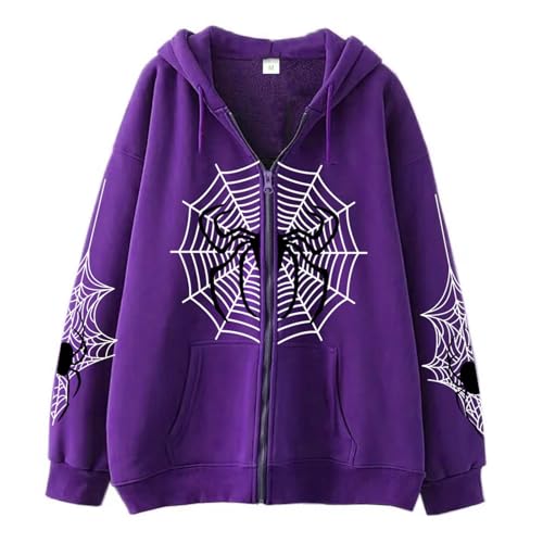 Unisex Spider Web Hoodies Jacket Zip Up Long Sleeve Drawstring Y2K Tops Novelty Gothic Streetwear Oversized Sweatshirt