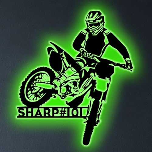 Custom Dirt Bike Metal Wall Art Con Luce LED Motocross Appeso A Parete Luce Notturna Personalizzato Motocross Nome Neon Segno Lampada Decorazione Per Camera Moto Home Decor Motociclista Amante Regalo