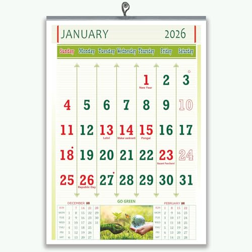 Jazzy English Wall Calendar 2026 Go green calendar, 14x20 inch 12 sheets of monthly wall calendar 2026, 130 GSM Art and Oil paper calendar