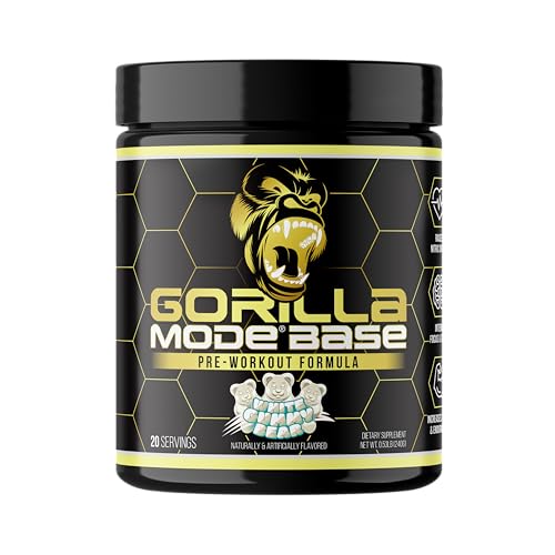 Image of Gorilla Mode Base Pre Workout - Raises Nitric Oxide . Intense Focus & Drive . Endurance . Power - L-Citrulline, L-Tyrosine, Betaine, Alpha-GPC, Caffeine, Huperzine A - 240 Grams (White Gummy Bear)