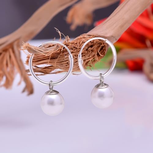 Image of Abhooshan Pure 92.5 Sterling Silver 12mm Hoop Earrings with 8mm hanging White Pearl Designer Drop Stylish Trendy Light weighted Earrings. Best Gift for Wife Mother Daughter Sister Girlfriend Anniversary Marriage Birthday