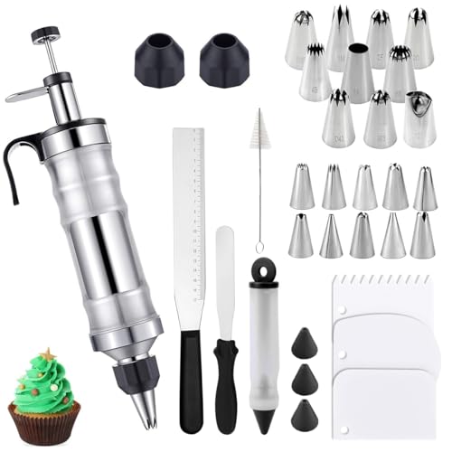Garnish Syringe Stainless Steel, 400 ml Stainless Steel Durable Cake Syringe, Garnish Syringe Stainless Steel 34 Piece Set, Cream Syringe, Garnish Syringe Stainless Steel, with 20 Nozzles for Cupcakes