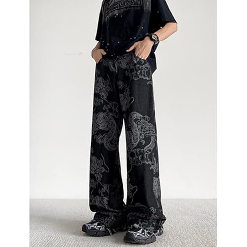 Men's Jeans Loose Trendy Dragon Print Hip Hop Straight Leg Denim Pants4