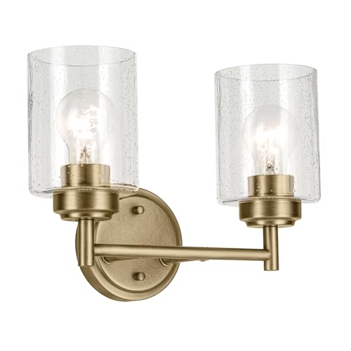 Image of Kichler Winslow 13 inch 2-Light Bathroom Vanity Light Fixture with Clear Seeded Glass in Natural Brass for Luxe Industrial Style Over Mirror (13 inch x 9.25 inch x 6.5 inch), 45885NBR