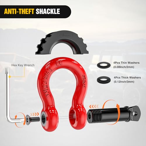 Image of Nilight 3 /4 inch D Ring Shackle 2 Pack 19T (41,887 lbs) Break Strength 4.75T WLL Heavy Duty Towing Hook with Anti-Theft System Anti-Rattle Isolators for Truck Jeep SUV ATV UTV Recovery Red