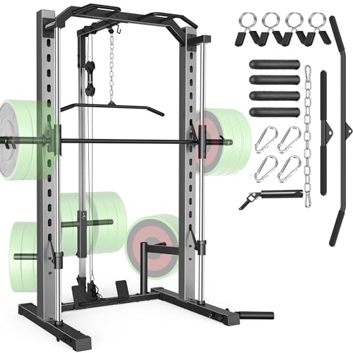 OPPSDECOR All-in-One Adjustable Smith Machine with LAT-Pull Down System Multi-Function Power Cage for Home Gym Cable Crossover Squat Rack of Workout Machine Training Equipment with Attachments