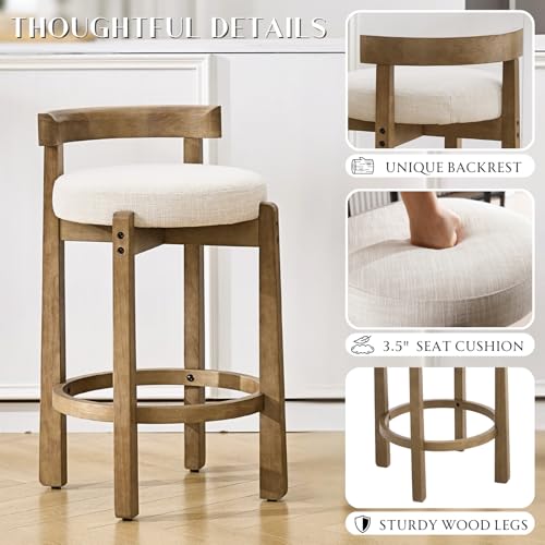 Image of CIMOTA 26.5 inch Counter Height Bar Stool, Mid Century Modern Low Back Bar Chair with Solid Wood Legs & Linen Upholstered Seat, Kitchen Island Stool, Beige (Single)