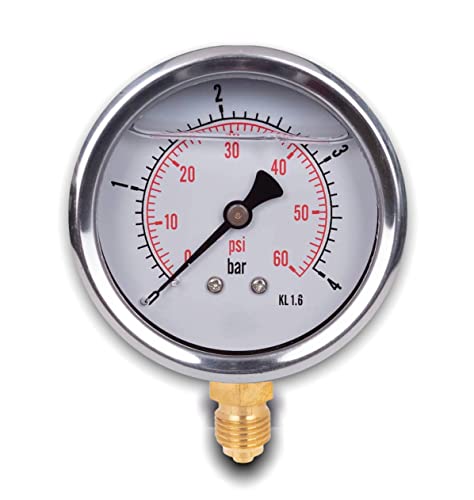 Manómetro de glicerina conexión radial, IP65 acero inoxidable 63 mm con conector inferior, 1/4 glicerina (0-4 bar)